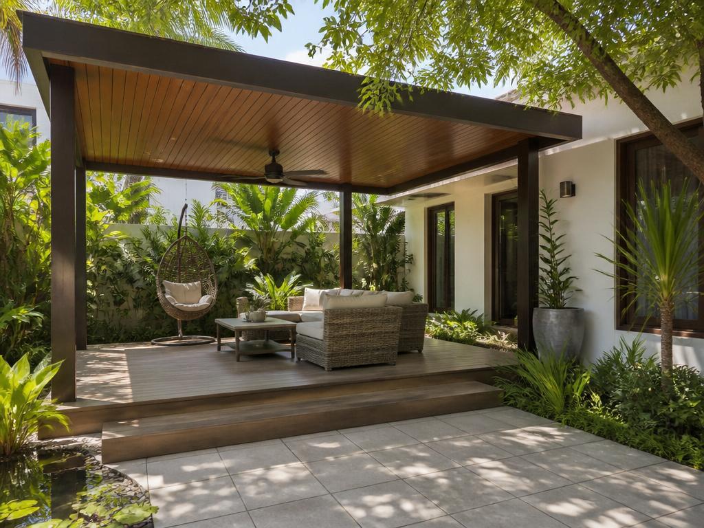 WPC gazebo roof in a landscaped courtyard
